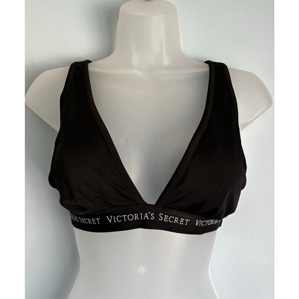 Victoria's Secret Swim Top Medium Black Logo Band Black Plunge